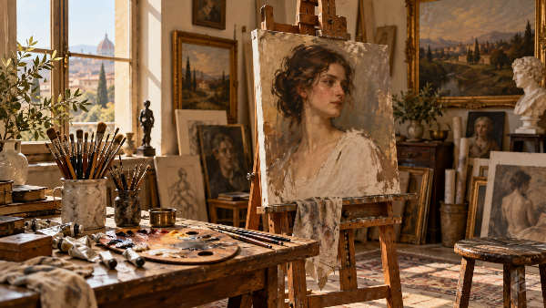 Sunlit traditional artist’s studio fSunlit traditional artist’s studio featurineaturing an unfinished oil portrait on an easel, paintbrushes, a mixing palette and framed paintings.